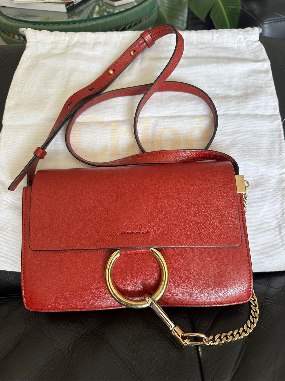 NWT Chloe Faye Dahlia Red Leather Shoulder Bag with Gold Ring Detail